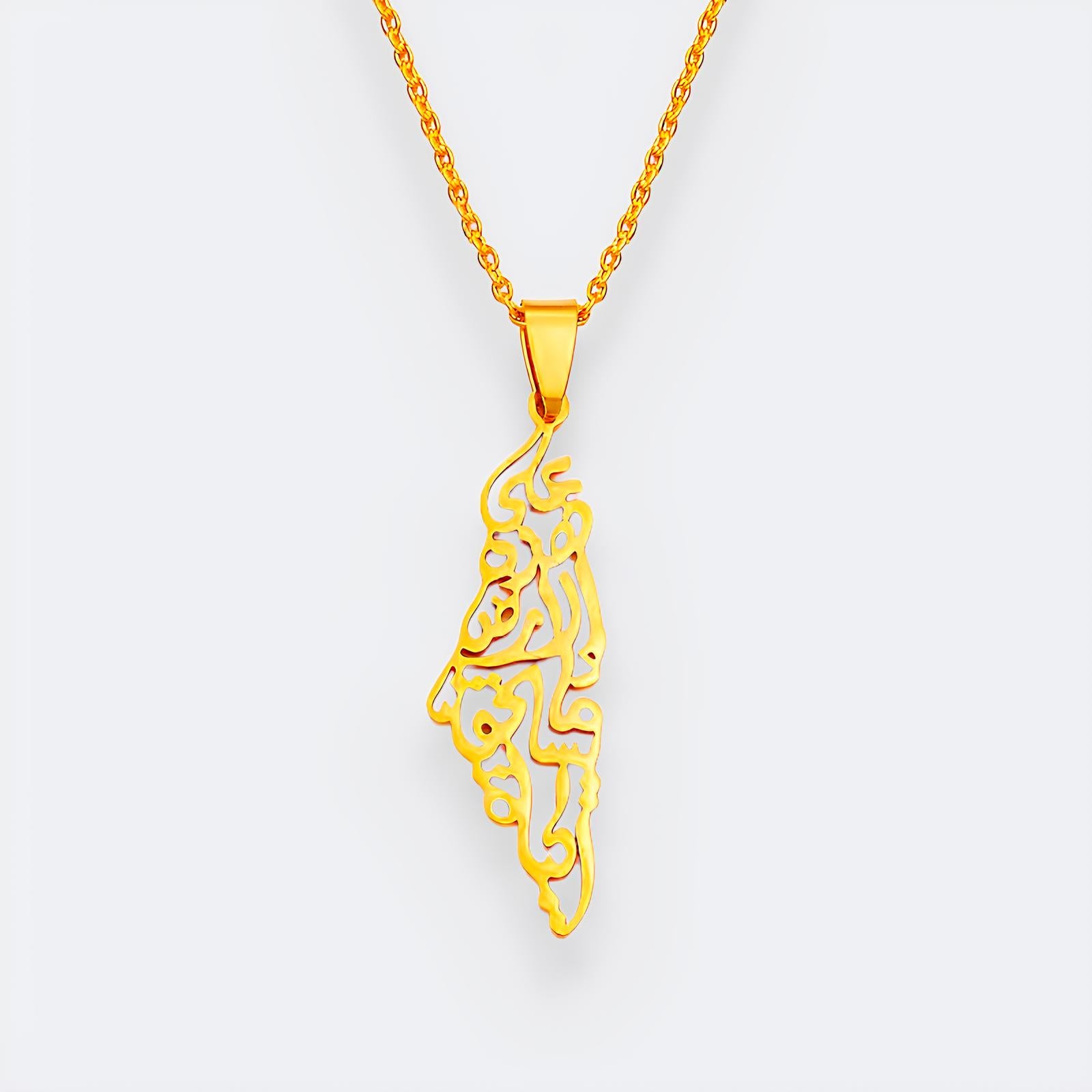 Palestine Calligraphy Map Necklace